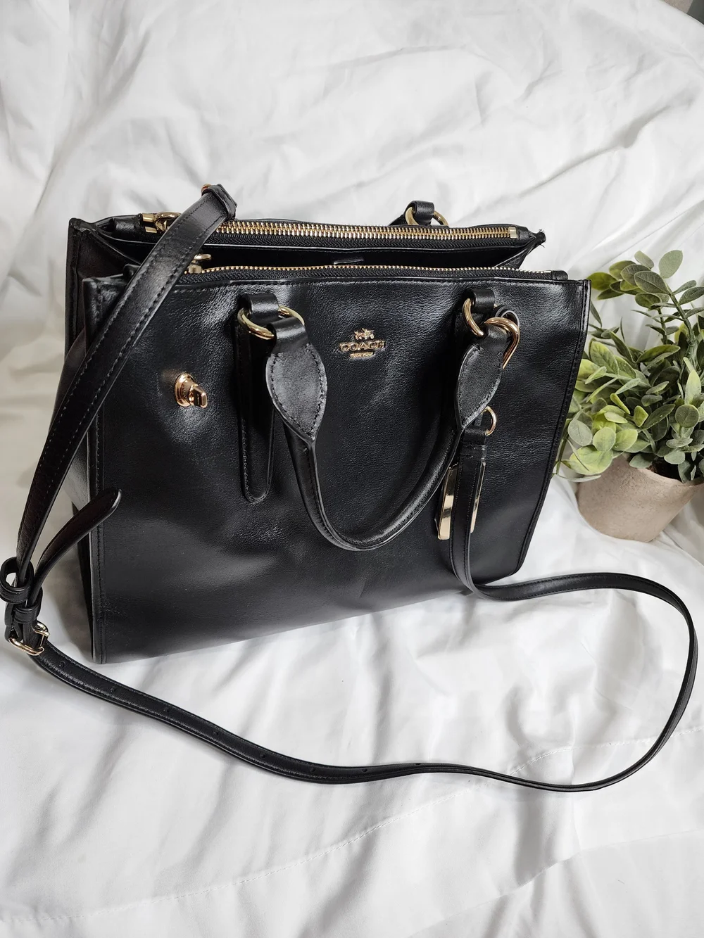 COACH Black Leather Double Zip Satchel Bag Gold Hardware Shoulder Carryall Excel